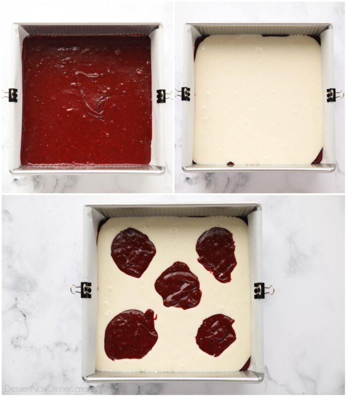Layering red velvet brownie and cheesecake batter in pan.