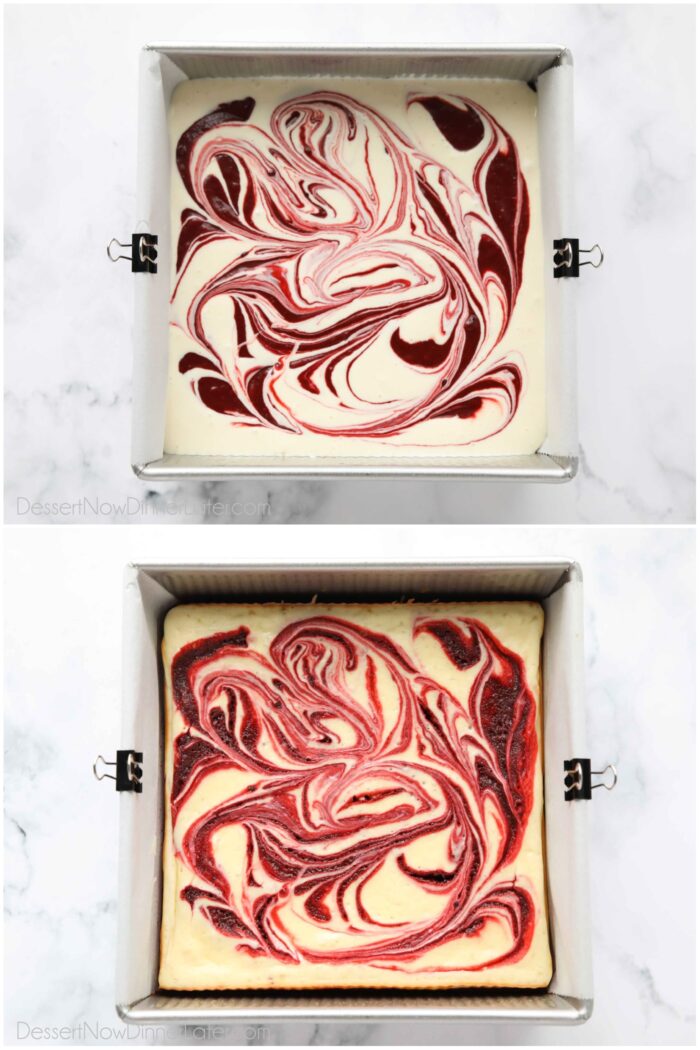 Hvirvlede røde fløjlsflødeostbrownies før og efter bagning.