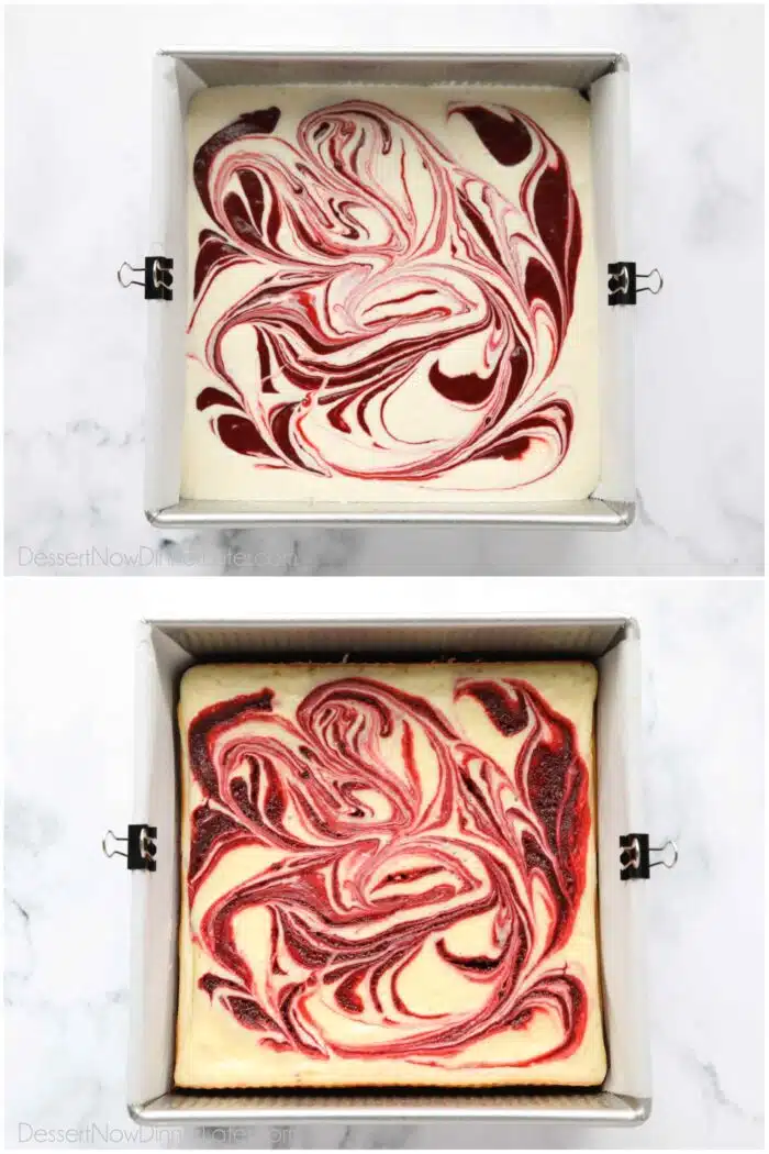 Swirled red velvet cream cheese brownies before and after baking.