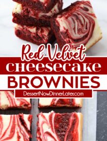 Коллаж Pinterest для пирожных Red Velvet Cheesecake Brownies с двумя изображениями и текстом в центре.