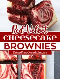 Pinterest collage for Red Velvet Cheesecake Brownies with two images and text in the center.