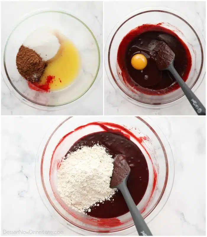 Steps to make red velvet brownies.