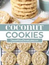 Pinterest collage for Coconut Cookies with two images and text in the center.