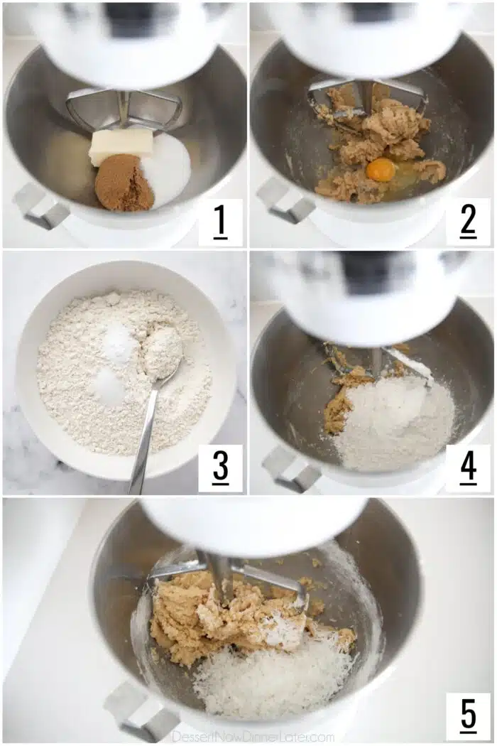 Making cookie dough with shredded coconut.