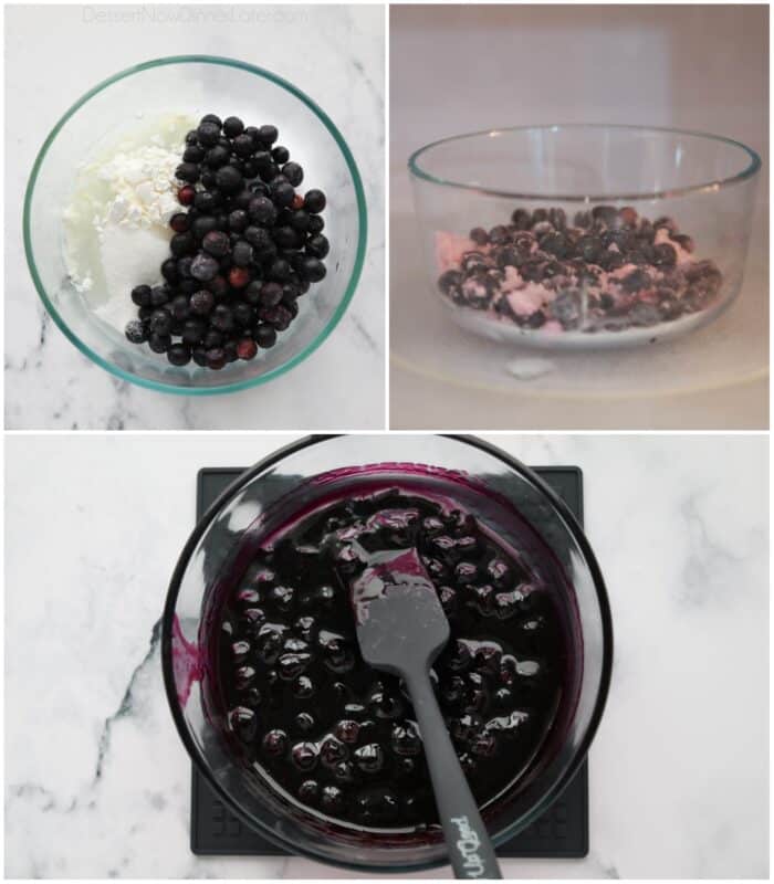 Collage of how to make blueberry filling in the microwave.