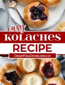Pinterest collage for Easy Kolaches Recipe with two images and text in the center.