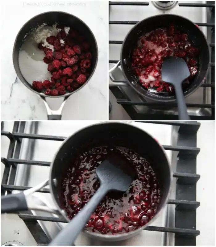 Collage of how to make raspberry filling on the stovetop.