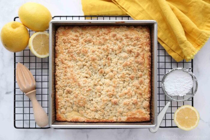 Close up of crumb topping on top of lemon coffee cake.