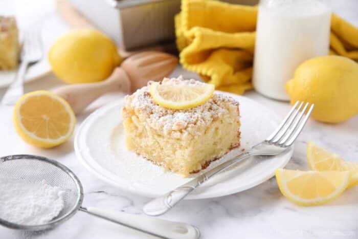 Plated slice of lemon coffee cake.