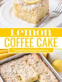 Pinterest collage for Lemon Coffee Cake with two images and text in the center.