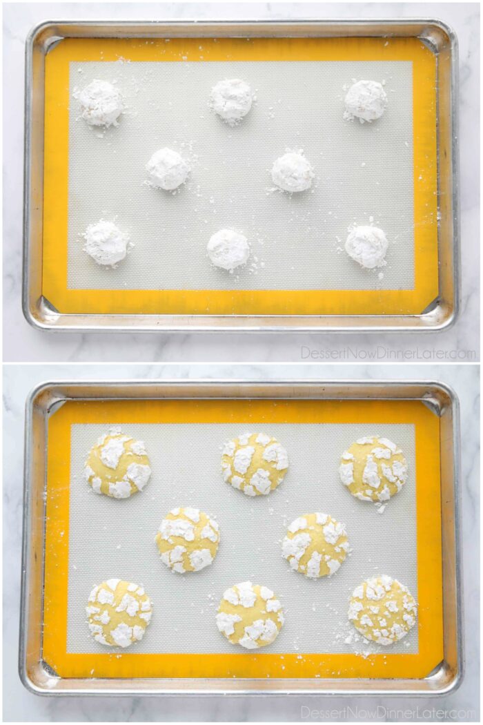 Before and after baking lemon crinkle cookies.