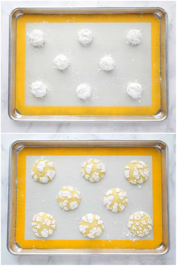 Before and after baking lemon crinkle cookies.