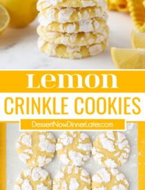 Pinterest collage for Lemon Crinkle Cookies with two images and text in the center.