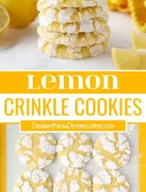 Pinterest collage for Lemon Crinkle Cookies with two images and text in the center.