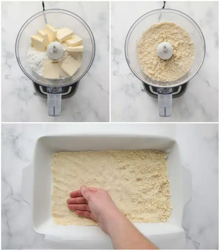 Making a shortbread crust with a food processor and pressing the crust into the pan.