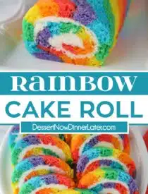 Pinterest collage for Rainbow Cake Roll with two images and text in the center.