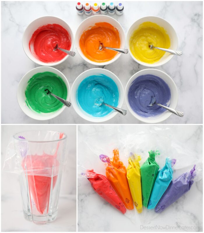 Collage. Using food coloring to color the cake batter. Then filling piping bags with the different colors.