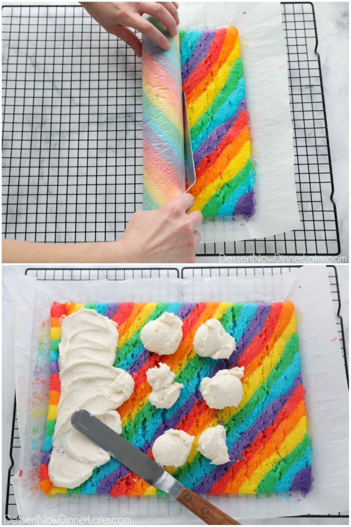 Two images. Unrolling the rainbow cake and spreading vanilla frosting on top.