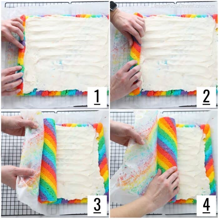Steps of rolling up the rainbow cake roll with vanilla buttercream frosting inside.