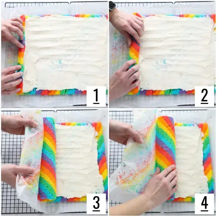 Steps of rolling up the rainbow cake roll with vanilla buttercream frosting inside.