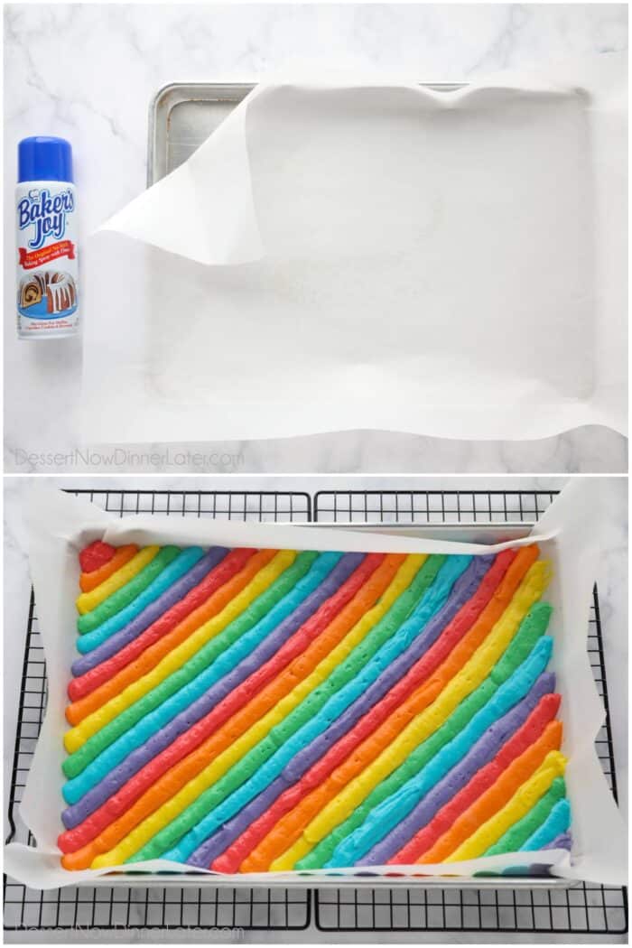 Two images. Preparing pan for cake roll. Then colored cake batter piped onto parchment paper in the order of a rainbow.