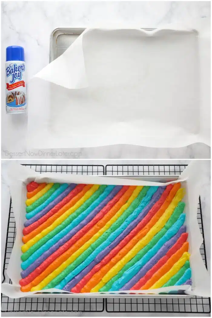 Two images. Preparing pan for cake roll. Then colored cake batter piped onto parchment paper in the order of a rainbow.