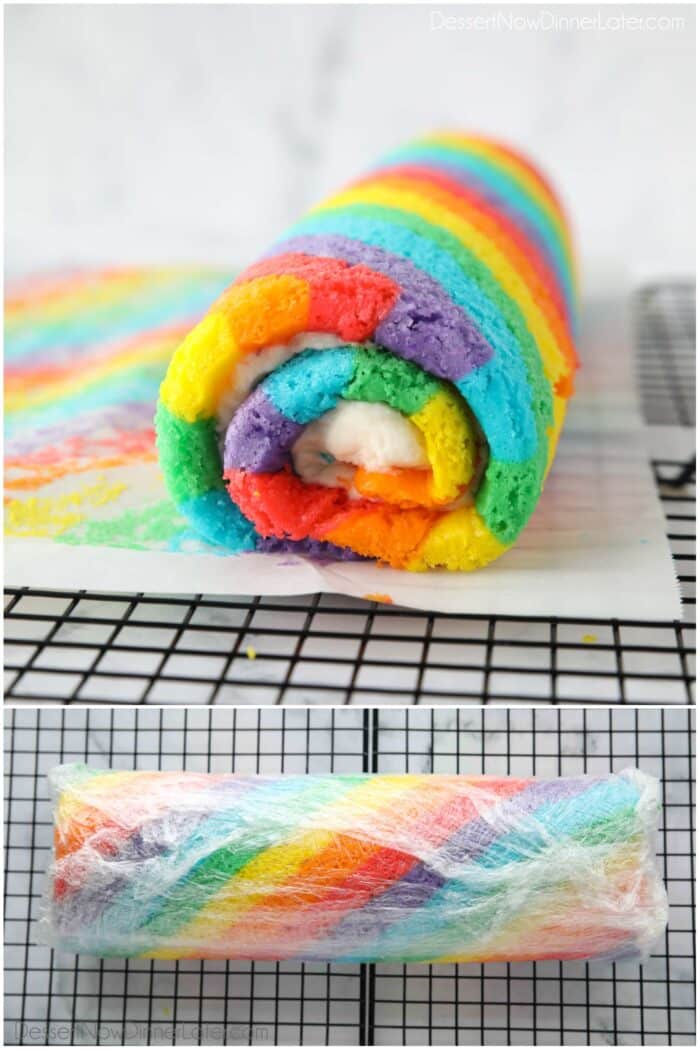 Two images. Filled rainbow cake roll. Then wrapped for freezing.