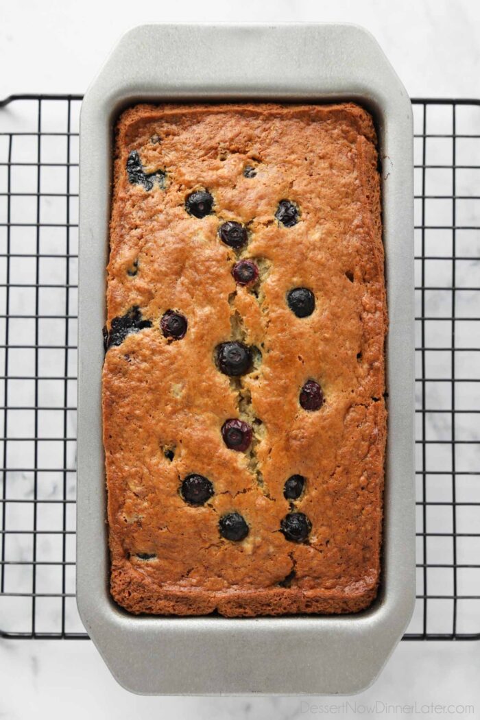 Loaf of banana blueberry bread with sour cream baked in pan.