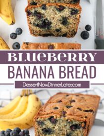 Pinterest collage of Blueberry Banana Bread with two images and text in the center.