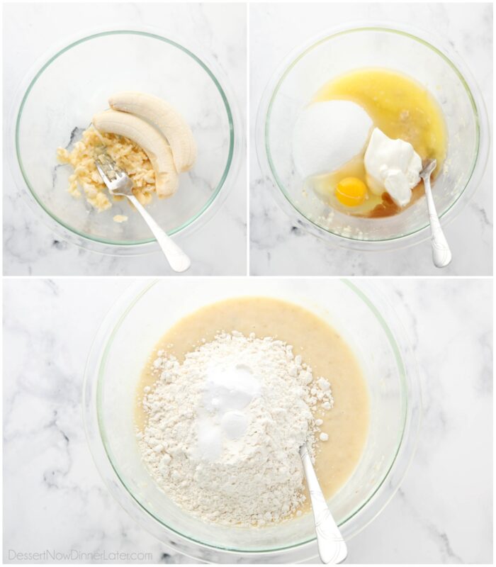 Making sour cream banana bread in one bowl.