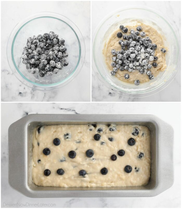 Adding blueberries to banana bread batter.