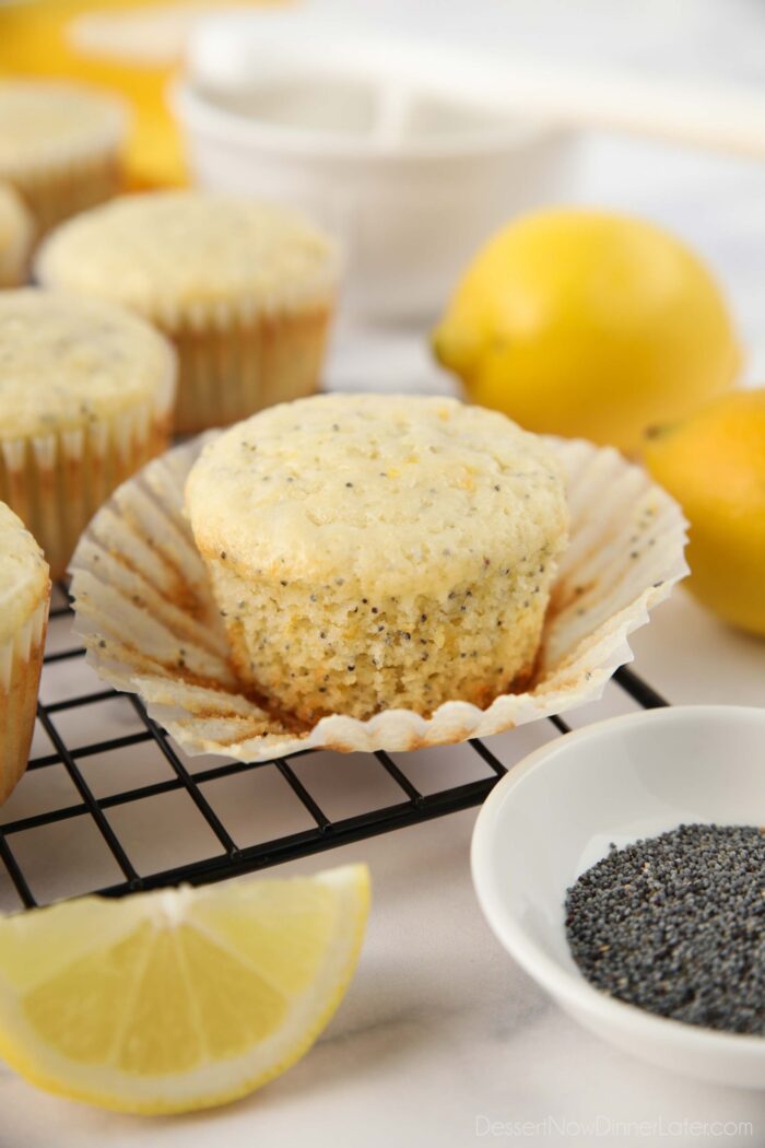 Lemon Poppy Seed Muffin with the wrapper pulled down.
