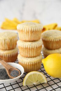 Stack of lemon poppy seed muffins.