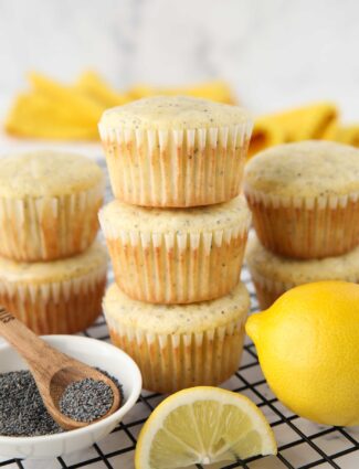 Stack of lemon poppy seed muffins.