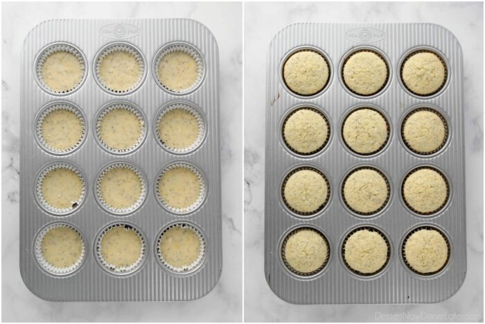 Before and after baking lemon poppy seed muffins in pan.