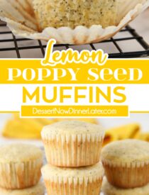 Pinterest collage for Lemon Poppy Seed Muffins with two images and text in the center.
