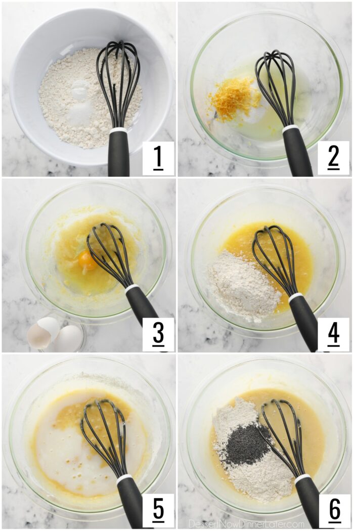 Steps to make lemon poppy seed muffins.