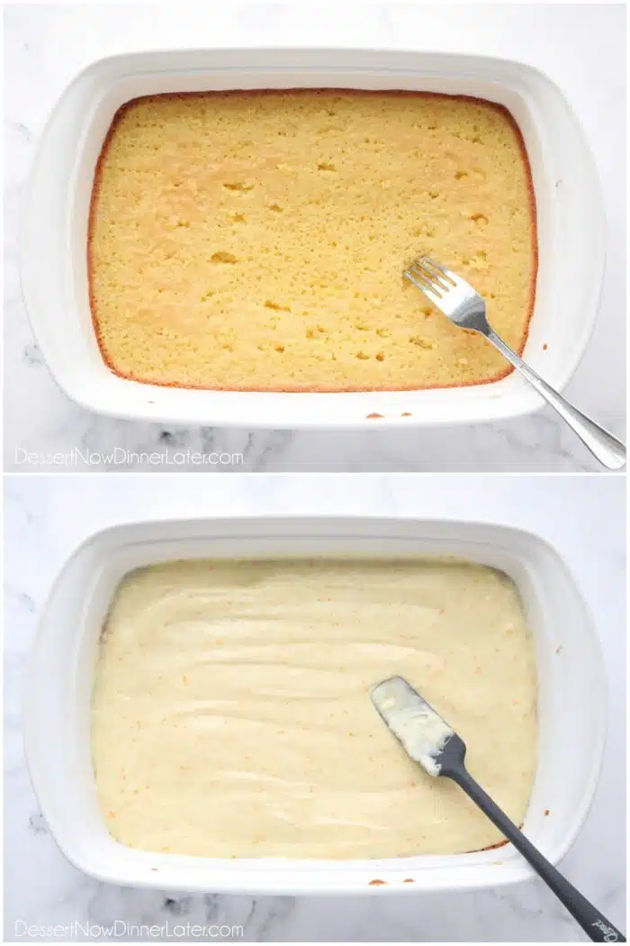 Piercing brownies with a fork and spreading orange frosting on top while still warm.