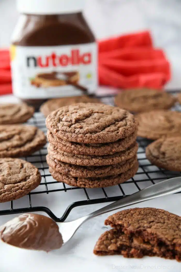 Stack of chocolate nutella cookies on a wire cooling rack.