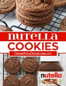 Pinterest collage of Nutella cookies with two images and text in the center.