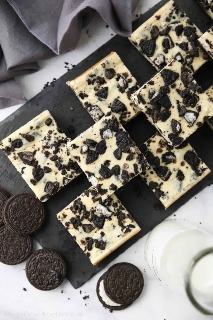 Top view of platter with squares of Oreo cheesecake bars.