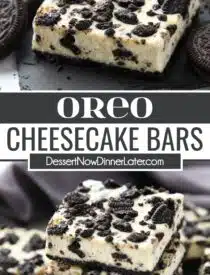 Pinterest collage of Oreo Cheesecake Bars with two images and text in the center.