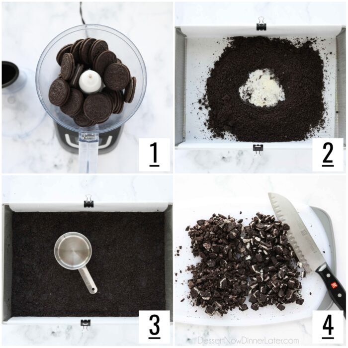 Steps to make Oreo crust and chopped Oreos.