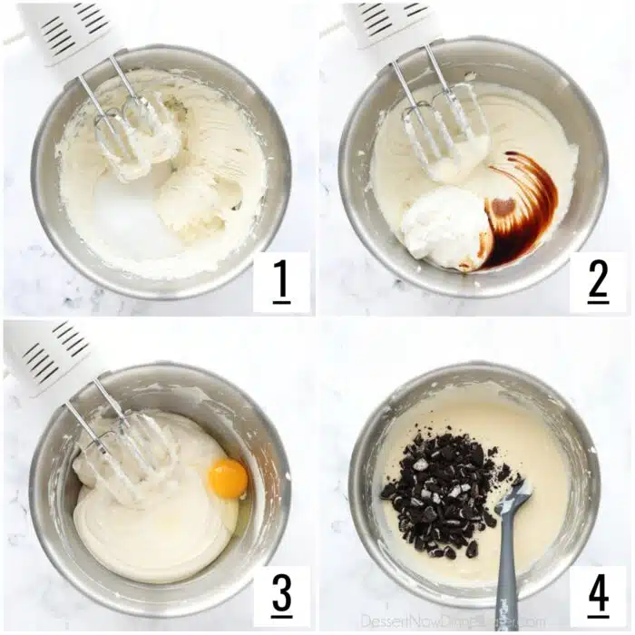 Steps to make Oreo cheesecake batter.