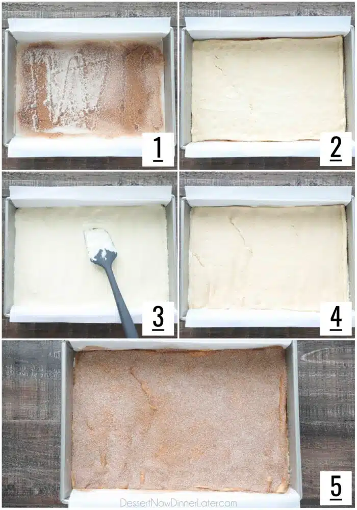 Assembling Sopapilla Cheesecake Bars in a pan before baking.