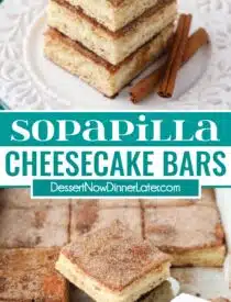 Pinterest collage for Sopapilla Cheesecake Bars with two images and text in the center.