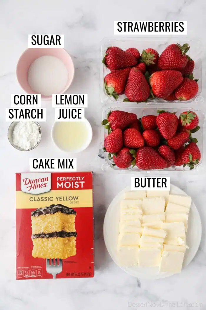 Labeled image of ingredients for strawberry dump cake.