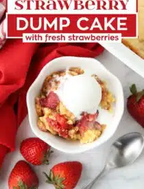 Labeled image of Strawberry Dump Cake with fresh strawberries for Pinterest.