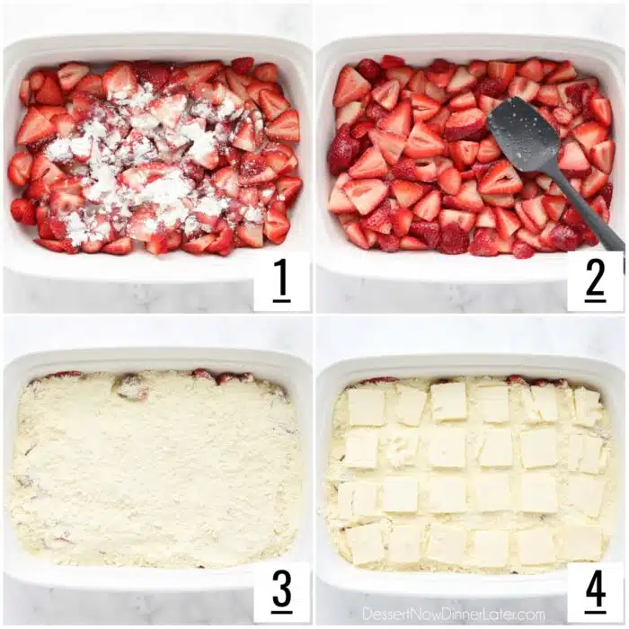 Steps to make strawberry dump cake with fresh strawberries.