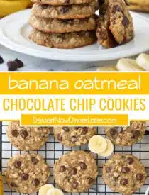 Pinterest collage of Banana Oatmeal Chocolate Chip Cookies with two images and text in the center.
